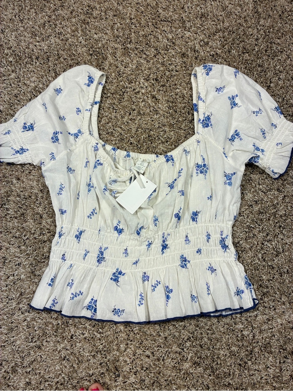 H&M Puff Sleeve Smocked Floral Cotton Cropped Top - Picture 11 of 14